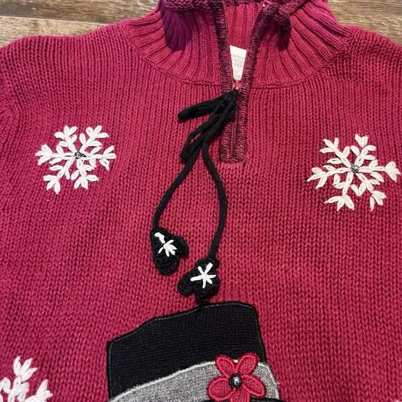 Mandal Bay Snowman Sweater Women’s Large Beaded Embroidered Snowman Mittens Zip - Picture 9 of 16